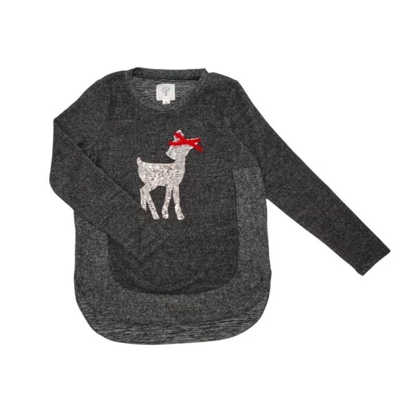 Girls' charcoal grey long-sleeved blouse with sequin deer detail, Size M(10/12) - Picture 7 of 10